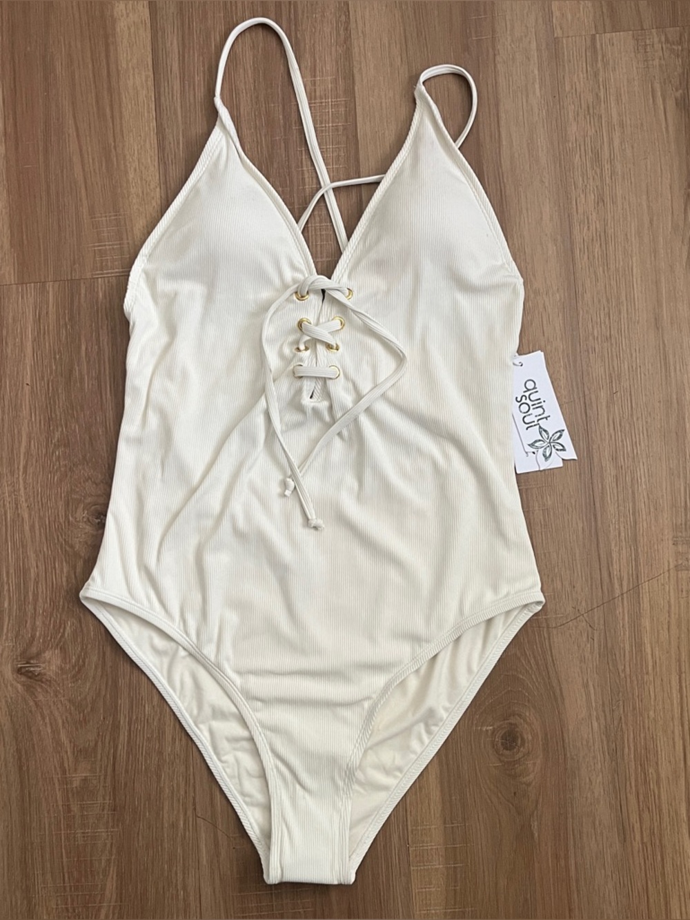 Quint Soul White Label Lace-Up Center Front One Piece Swimsuit Size XL Cream NWT
